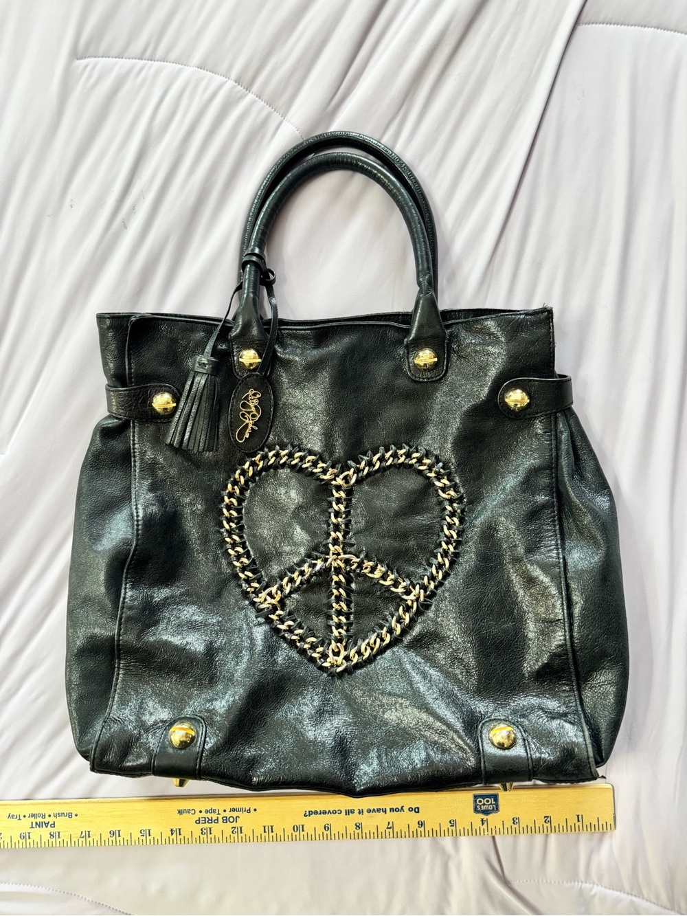 Rare vintage genuine leather Betsey Johnson black tote chain heart boho - Picture 2 of 12
